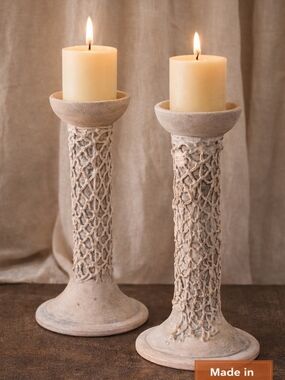 Portugal Pottery Candle Holders Set Rustic Clay Textured Pair